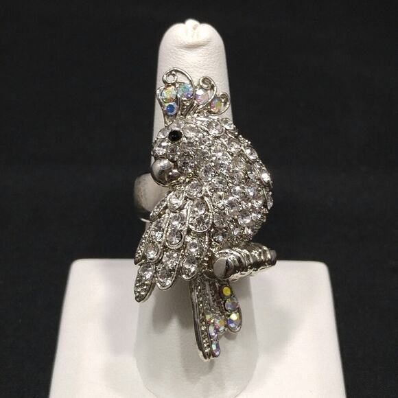 Parrot Rhinestone Stretch Ring, Silver Tone, Clear AB Rhinestones, Size 7 1/2 - Picture 6 of 9